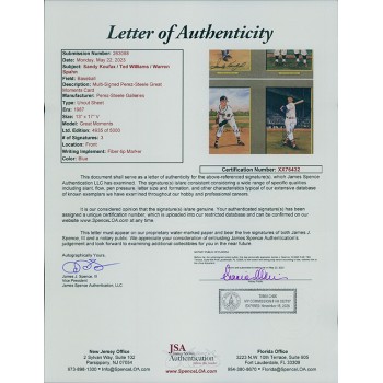 Great Moments Ted Williams Sandy Koufax Spahn Signed Perez Steele Sheet JSA Auth