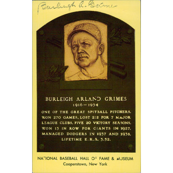 Burleigh Grimes Signed Hall of Fame Plaque Postcard JSA Authenticated Burleigh Grimes Signed Hall of Fame Plaque Postcard JSA Authenticated