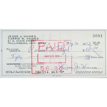 Jesse Haines St. Louis Cardinals Signed Cancelled Check JSA Authenticated