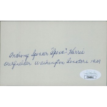 Spencer Harris Washington Senators Signed 3x5 Index Card JSA Authenticated