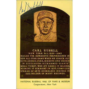 Carl Hubbell Signed Hall of Fame Cooperstown Plaque Postcard JSA Authenticated Carl Hubbell Signed Hall of Fame Cooperstown Plaque Postcard JSA Authenticated