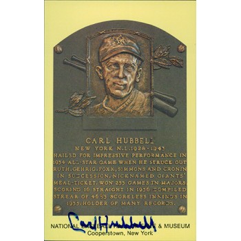 Carl Hubbell Signed Hall of Fame Cooperstown Plaque Postcard JSA Authenticated