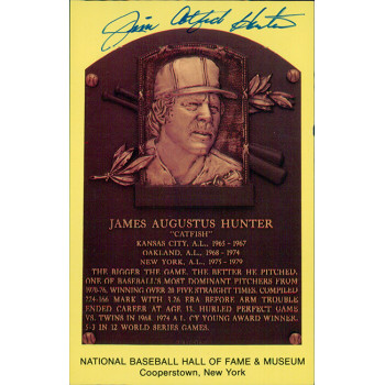 Jim Catfish Hunter Signed Hall of Fame Cooperstown Plaque Postcard JSA Authentic