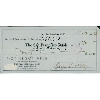 George Kelly New York Giants Signed Cancelled Check JSA Authenticated