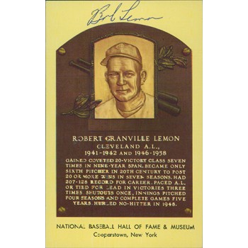 Bob Lemon Signed Hall of Fame Cooperstown Plaque Postcard JSA Authenticated