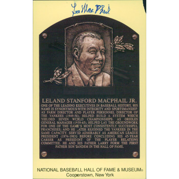 Lee MacPhail Signed Hall of Fame Cooperstown Plaque Postcard JSA Auth Corner DMG