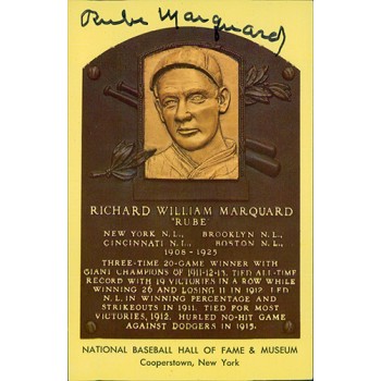 Rube Marquard Signed Hall of Fame Cooperstown Plaque Postcard JSA Authenticated