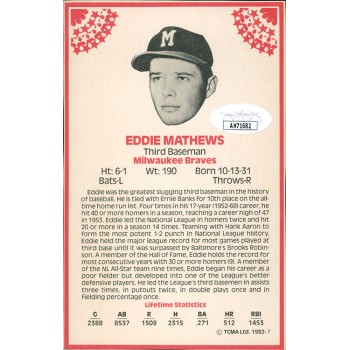 Eddie Mathews Milwaukee Braves Signed 1982 TCMA Postcard JSA Authenticated