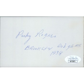 Packy Rogers Brooklyn Dodgers Signed 3x5 Index Card JSA Authenticated