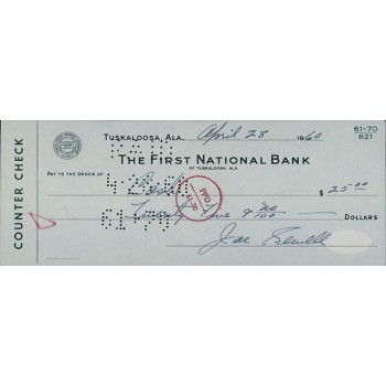 Joe Sewell Signed Cancelled Check JSA Authenticated
