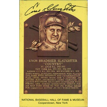 Enos Slaughter Signed Hall of Fame Cooperstown Plaque Postcard JSA Authenticated
