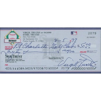 Virgil Trucks Detroit Tigers Signed Cancelled Check JSA Authenticated