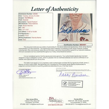 Ted Williams Boston Red Sox Signed Perez Steele HOF Postcard JSA Authenticated