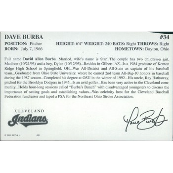Dave Burba Cleveland Indians Signed 3.5x5.5 Cardstock Promo Photo JSA Authentic