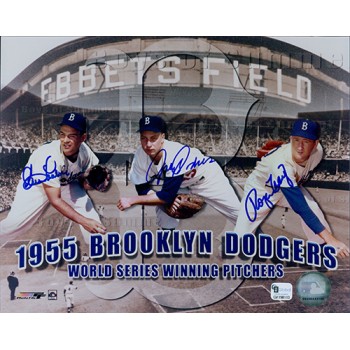 1955 Brooklyn Dodgers Clem Labine, Johnny Podres, Roger Craig Signed 8x10 Photo Global Authenticated