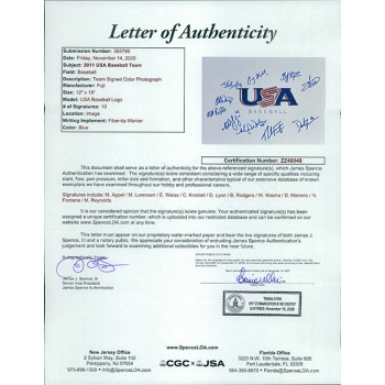 USA Baseball 2011 Signed 12x18 Glossy Photo by 10 JSA Authenticated Appel Wacha