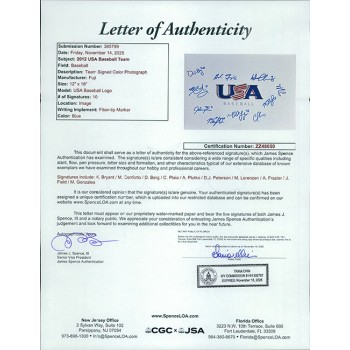 USA Baseball 2012 Signed 12x18 Glossy Photo by 10 JSA Authenticated Kris Bryant