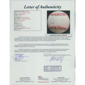 Hank Aaron Atlanta Braves Signed Official League Baseball JSA Authenticated