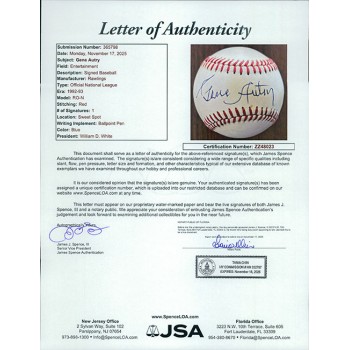Gene Autry Signed Official National League Baseball JSA Authenticated Toned Gene Autry Signed Official National League Baseball JSA Authenticated Toned
