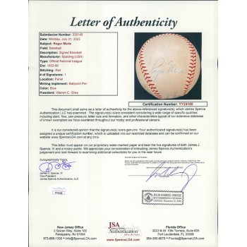 Roger Maris Signed Official National League Baseball JSA Authenticated