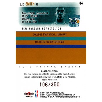 JR Smith 2004-05 Fleer NBA Hoops Hot Prospects Autograph Patch Card #84 106/350