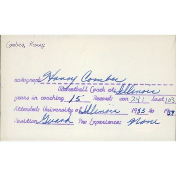Harry Combes Illinois Fighting Illini Signed 3x5 Index Card JSA Authenticated