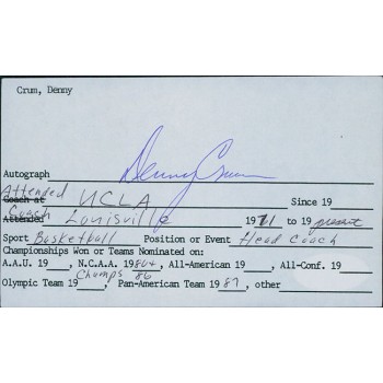 Denny Crum Louisville Cardinals Coach Signed 3x5 Index Card JSA Authenticated
