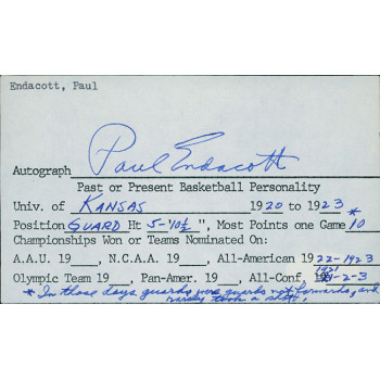 Paul Endacott Kansas Jayhawks Signed 3x5 Cut Page JSA Authenticated