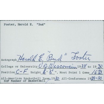 Harold E. "Bud" Foster Wisconsin Signed 3x5 Index Card JSA Authenticated