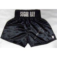 Sugar Ray Leonard Signed Black Boxing Trunks Shorts JSA Authenticated
