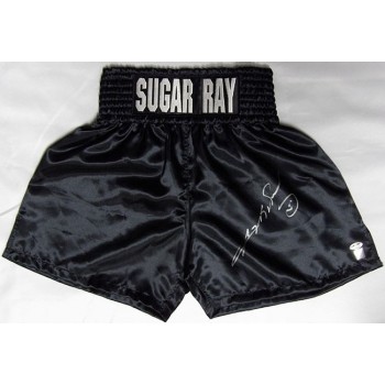 Sugar Ray Leonard Signed Black Boxing Trunks Shorts JSA Authenticated