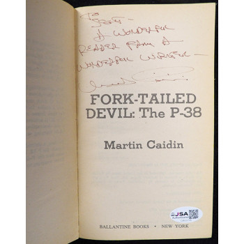 Martin Caidin Signed Fork-Tailed Devil: The P-38 Softcover Book JSA Authentic
