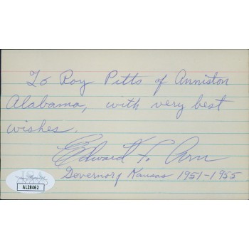 Edward Arn Kansas Governor Signed 3x5 Index Card JSA Authenticated