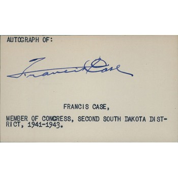 Francis Case South Dakota Congressman Signed 3x5 Index Card JSA Authenticated