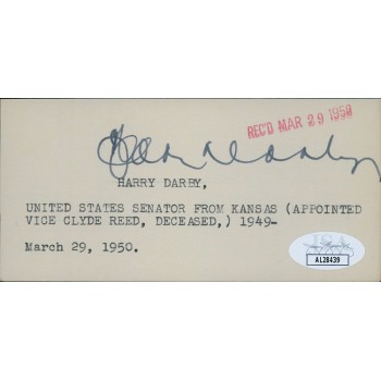 Harry Darby Kansas Senator Signed 2.5x5 Index Card JSA Authenticated