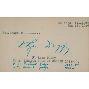 F. Ryan Duffy Wisconsin Senator Signed 3x5 Index Card JSA Authenticated