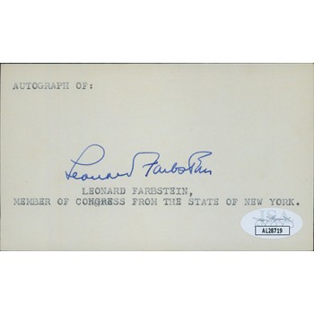 Leonard Farbstein New York Congressman Signed 3x5 Index Card JSA Authenticated