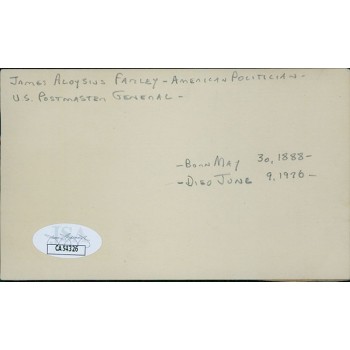 James A. Farley Postmaster General Signed 3x5 Index Card JSA Authenticated