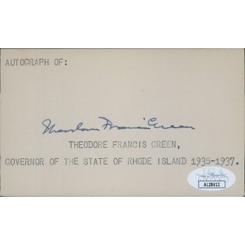 Theodore Green Rhode Island Governor Senator Signed 3x5 Index Card JSA Authentic