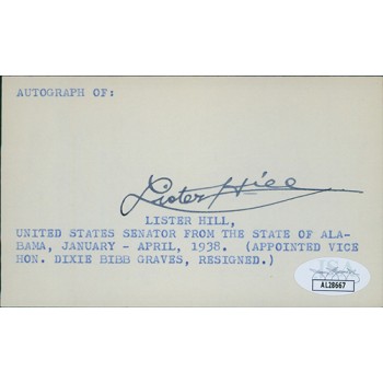 Lister Hill Alabama Congressman Senator Signed 3x5 Index Card JSA Authenticated