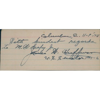 James Huffman Ohio Senator Signed 2x4.5 Index Card JSA Authenticated