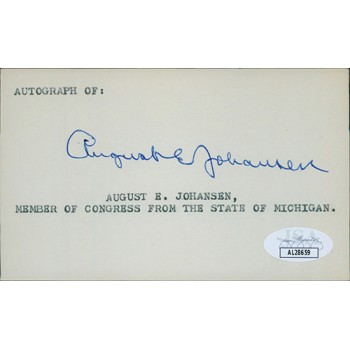 August Johansen Michigan Congressman Signed 3x5 Index Card JSA Authenticated