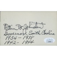 Olin D. Johnston Governor Senator Signed 3x5 Index Card JSA Authenticated