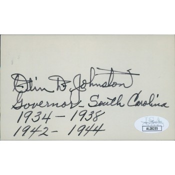 Olin D. Johnston Governor Senator Signed 3x5 Index Card JSA Authenticated