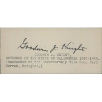 Goodwin Knight California Governor Signed 2.25x5 Index Card JSA Authenticated