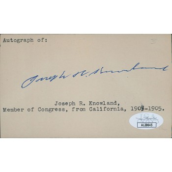 Joseph Knowland California Congressman Signed 3x5 Index Card JSA Authenticated