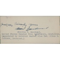 William Knowland California Senator Signed 2.25x5 Index Card JSA Authenticated