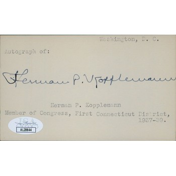 Herman Kopplemann Connecticut Congressman Signed 3x5 Index Card JSA Authentic