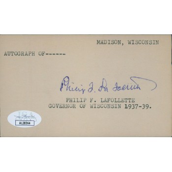 Philip LaFollette Wisconsin Governor Signed 3x5 Index Card JSA Authenticated