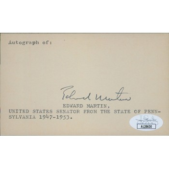 Edward Martin Pennsylvania Governor Senator Signed 3x5 Index Card JSA Authentic